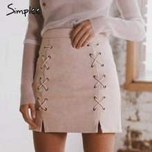 Simplee Autumn lace up leather suede pencil skirt Winter