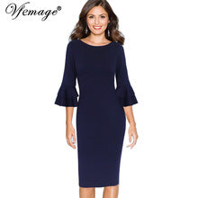 Vfemage Women Autumn 3/4 Sleeves Knee Length Pencil Dress