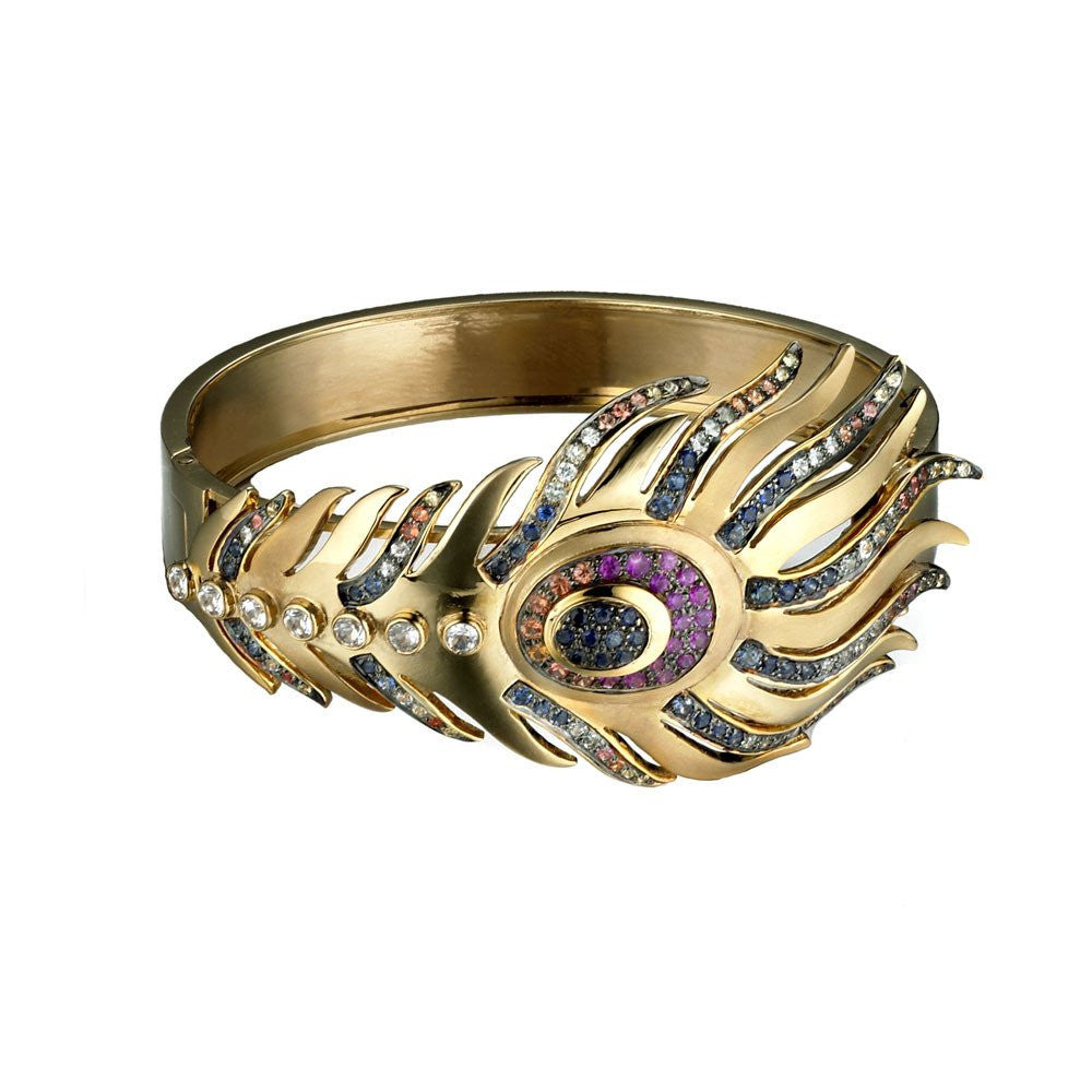 Yellow Gold and Multicolored Sapphires Peacock Cuff Bracelet